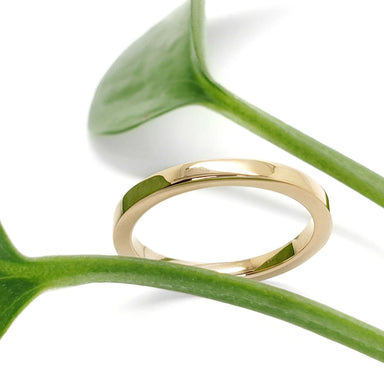 14kt yellow gold wedding ring displayed with green leaves