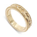14kt yellow gold wedding ring with hand engraving and Canadian diamonds, angled view