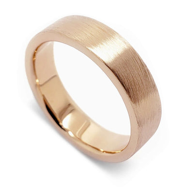 5mm brushed 14kt rose gold flat wedding ring by Era Design, angled view