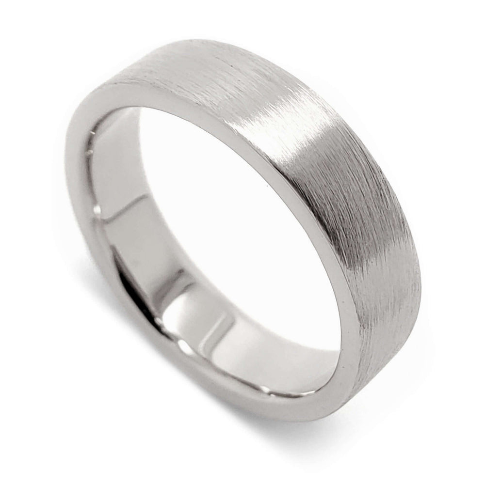 5mm brushed 14kt white gold flat profile wedding ring on white background