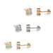 Three pairs of 5mm opal stud earrings in yellow, white, and rose 14kt gold