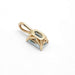 Angled view of 10kt yellow gold pendant with emerald cut aquamarine and leaf detailing