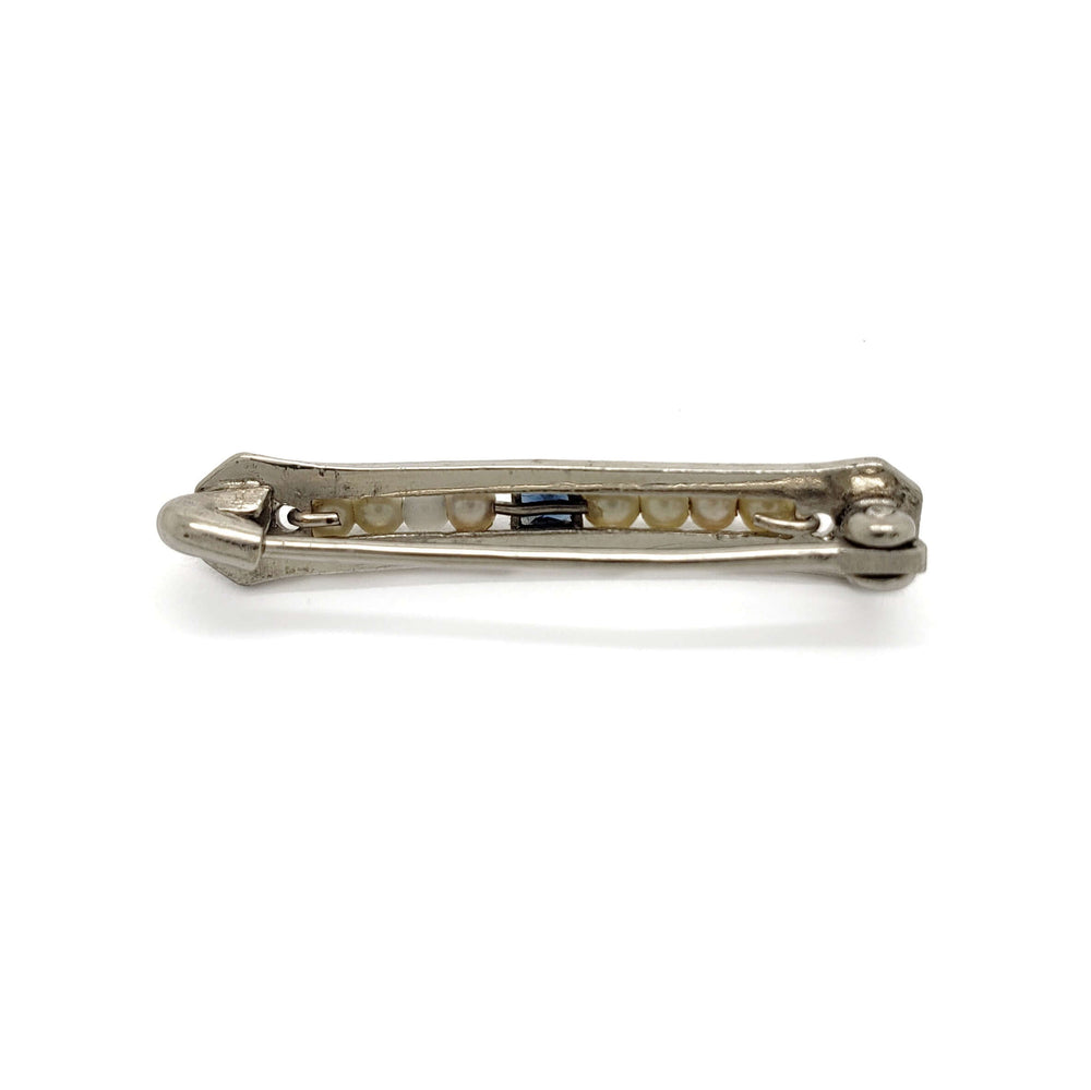 Back view of antique 10kt white gold pin with pearls and blue sapphire setting