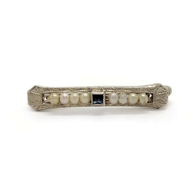 Front view of antique 10kt white gold pin with round pearls and square blue sapphire