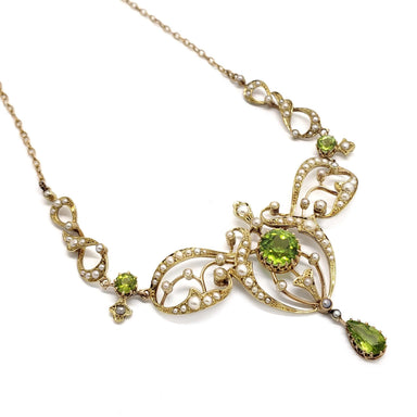 Antique 14kt yellow gold lavaliere necklace with round peridot and seed pearls