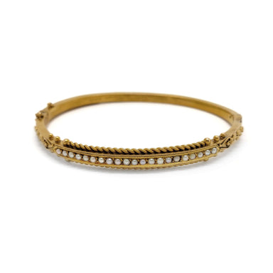 Antique 15kt yellow gold bangle set with seed pearls and intricate detailing