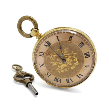 Antique 18kt yellow gold pocket watch with floral dial and original winding key