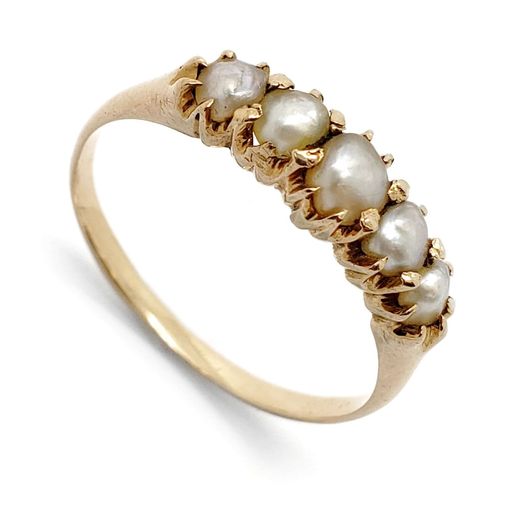Antique 5-stone seed pearl ring in 15kt yellow gold with multi-prong setting