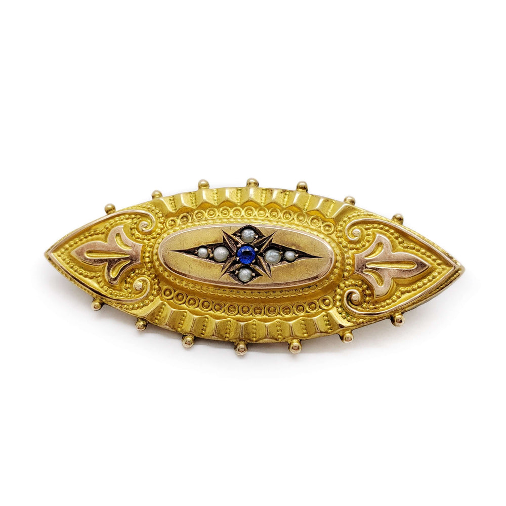 Antique 9k yellow gold mourning pin with seed pearls and blue stone, ornate details