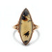Antique marquise cut dendritic agate ring in 10kt yellow gold, swirled split-shank design, front view