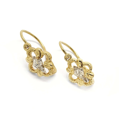 Pair of antique quatrefoil drop earrings in 14kt yellow gold with kite-shaped lab-grown diamonds