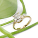 Art Deco inspired yellow gold engagement ring with lab diamond, shown with green leaf