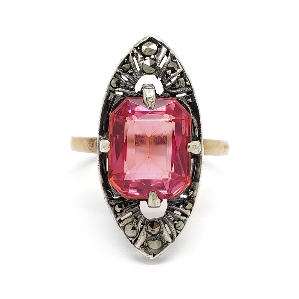 Art Deco navette ring with orange-pink synthetic sapphire and marcasite in 9kt gold and silver