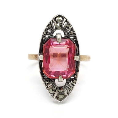 Art Deco navette ring with orange-pink synthetic sapphire and marcasite in 9kt gold and silver