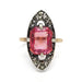 Art Deco navette ring with orange-pink synthetic sapphire and marcasite in 9kt gold and silver