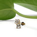 Asscher cut lab diamond studs in 14kt yellow gold displayed with a green leaf