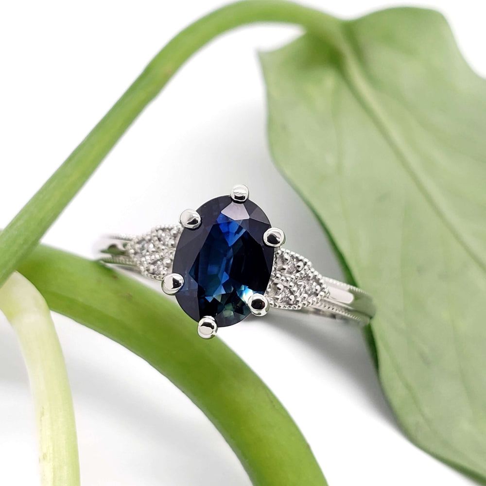 Australian sapphire and diamond engagement ring in white gold, displayed with green leaf