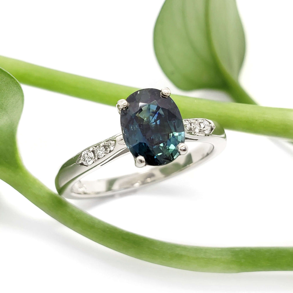 Australian sapphire and lab diamond engagement ring in white gold, styled with greenery