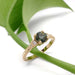 Australian sapphire and lab diamond engagement ring in yellow gold resting on a green leaf