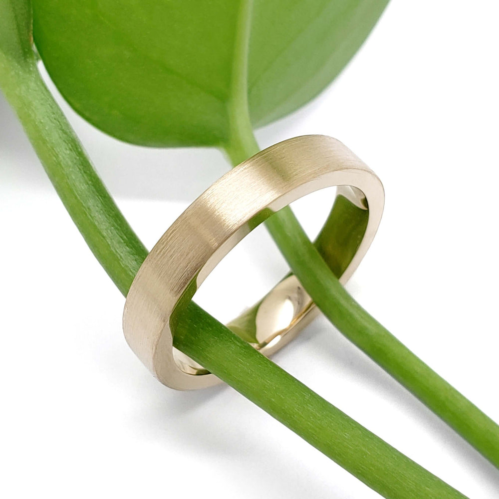Brushed 14kt yellow gold wedding band displayed on green plant stems