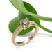 14kt yellow gold engagement ring with champagne diamond, engraved and millgrain details, beside green leaf