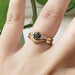 Chevron millgrain wedding ring stacked with teal sapphire and diamond engagement ring