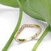 14kt yellow gold chevron wedding band with lab diamonds, shown with green leaves