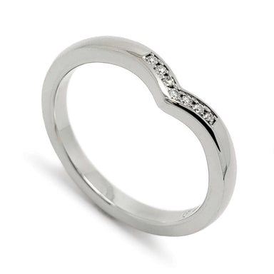Chevron wedding ring in 14kt white gold with pavé set Canadian diamonds, angled view