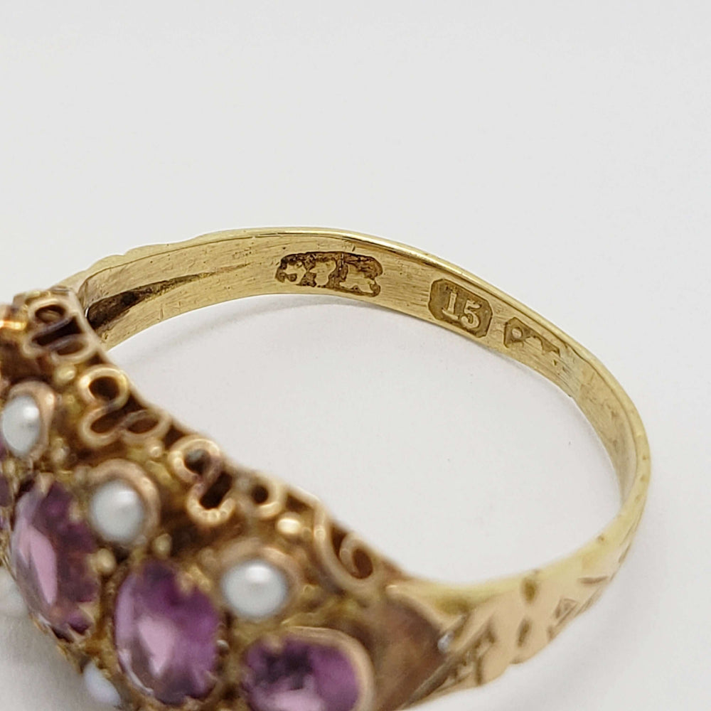 Close-up of 15kt hallmark inside Victorian yellow gold ring band
