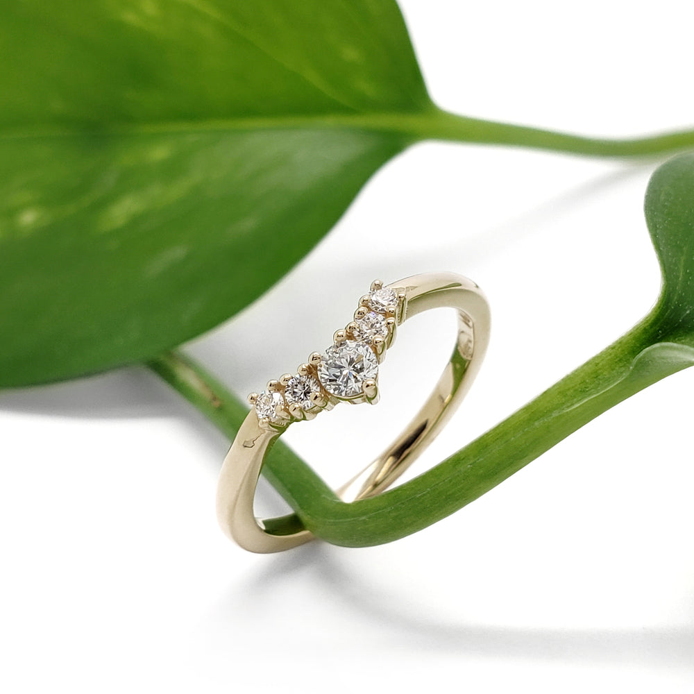 A yellow gold ring with a curved row of clear gemstones, photographed resting on green plant leaves against a white background.