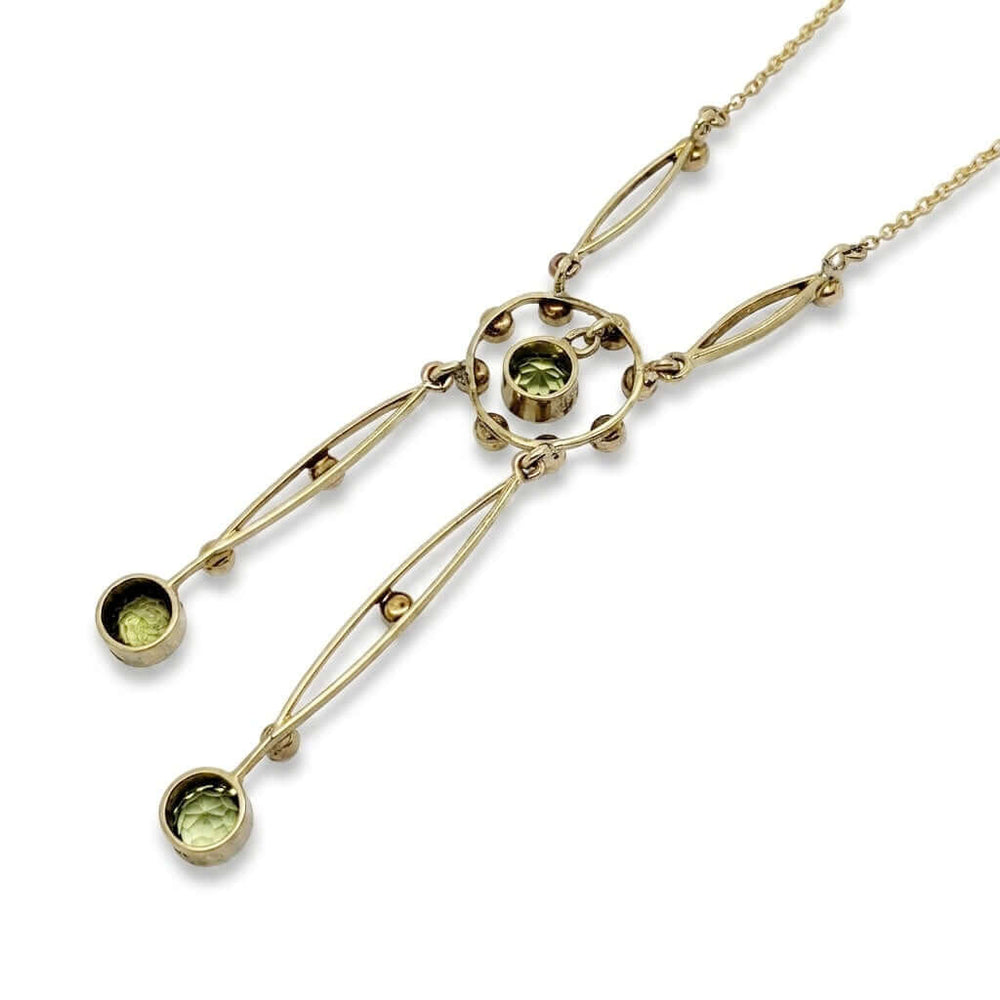 14kt yellow gold antique negligee necklace with round peridots and seed pearls