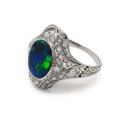 Edwardian platinum opal and diamond ring, angled side view showing engraved details