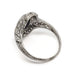 Edwardian platinum opal and diamond ring, side profile showing filigree and engraving