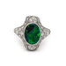 Edwardian platinum ring with oval black and green opal and pavé-set diamonds, front view