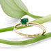 Emerald engagement ring in yellow gold displayed on green leaves