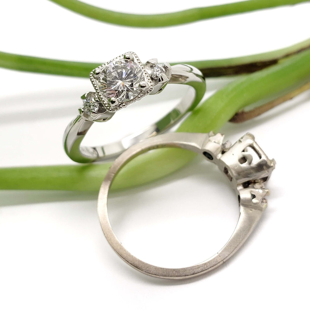 Faye engagement ring in white gold with antique diamonds beside original antique ring
