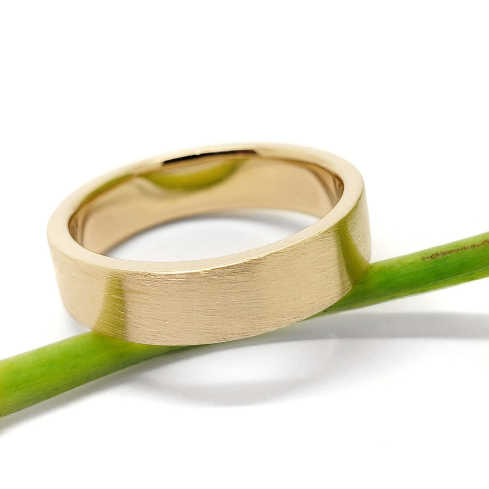 Flat profile 14kt yellow gold brushed wedding ring resting on a green stem