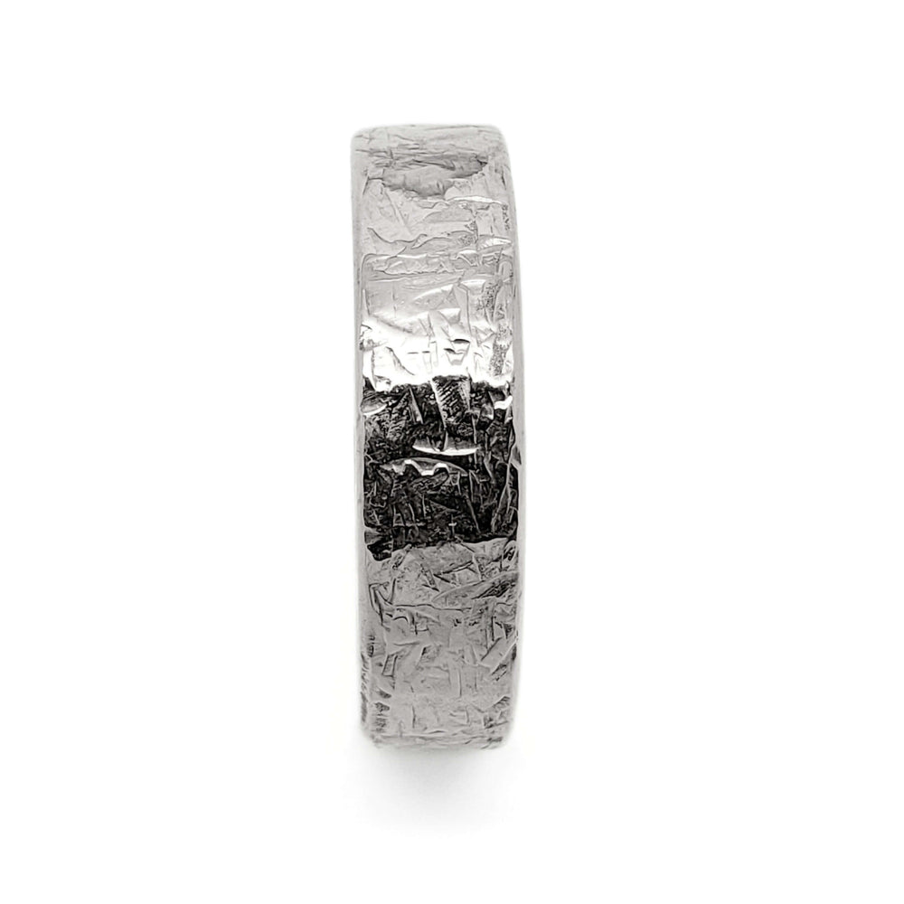Flat profile 14kt white gold band with elephant skin texture, top view