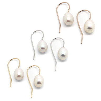 Three pairs of freshwater pearl drop earrings in yellow, white, and rose 14kt gold