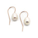 Pair of freshwater pearl drop earrings with rose 14kt gold hooks on white background