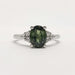 Front view of 14kt white gold ring with oval green Australian sapphire and diamonds