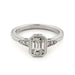 Front view of 14kt white gold engagement ring with emerald cut lab diamond and side stones