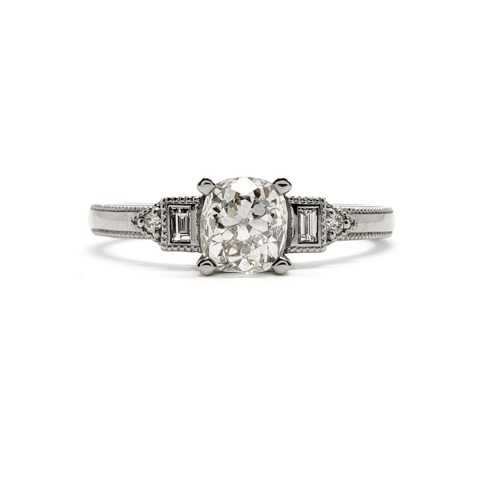 Front view of 14kt white gold engagement ring with old mine cut diamond
