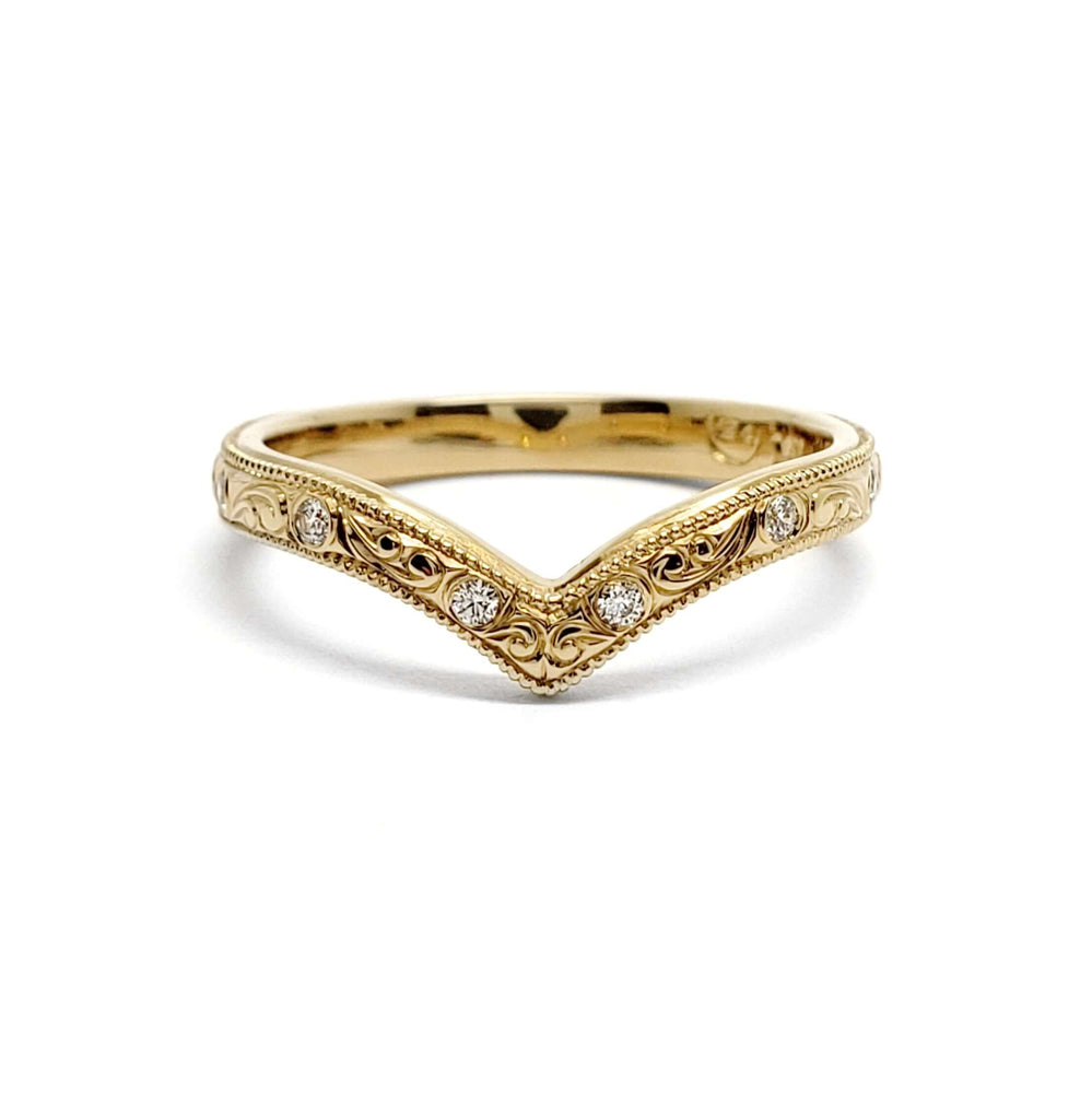 Front view of engraved 14kt yellow gold chevron wedding ring with Canadian diamonds