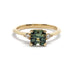 Front view of 14kt yellow gold ring with asscher cut parti sapphire and lab diamonds