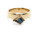 Front view of 14kt yellow gold ring with bezel-set kite-shaped blue-green sapphire