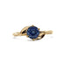 Front view of 14kt yellow gold ring with blue Montana sapphire and leaf accents