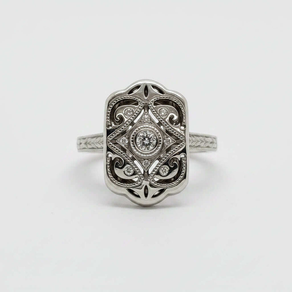 Front view of Edwardian diamond engagement ring in 14kt white gold