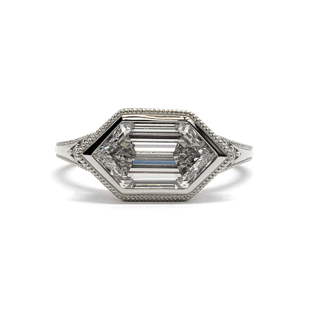 Front view of 14kt white gold ring with elongated hexagon lab diamond