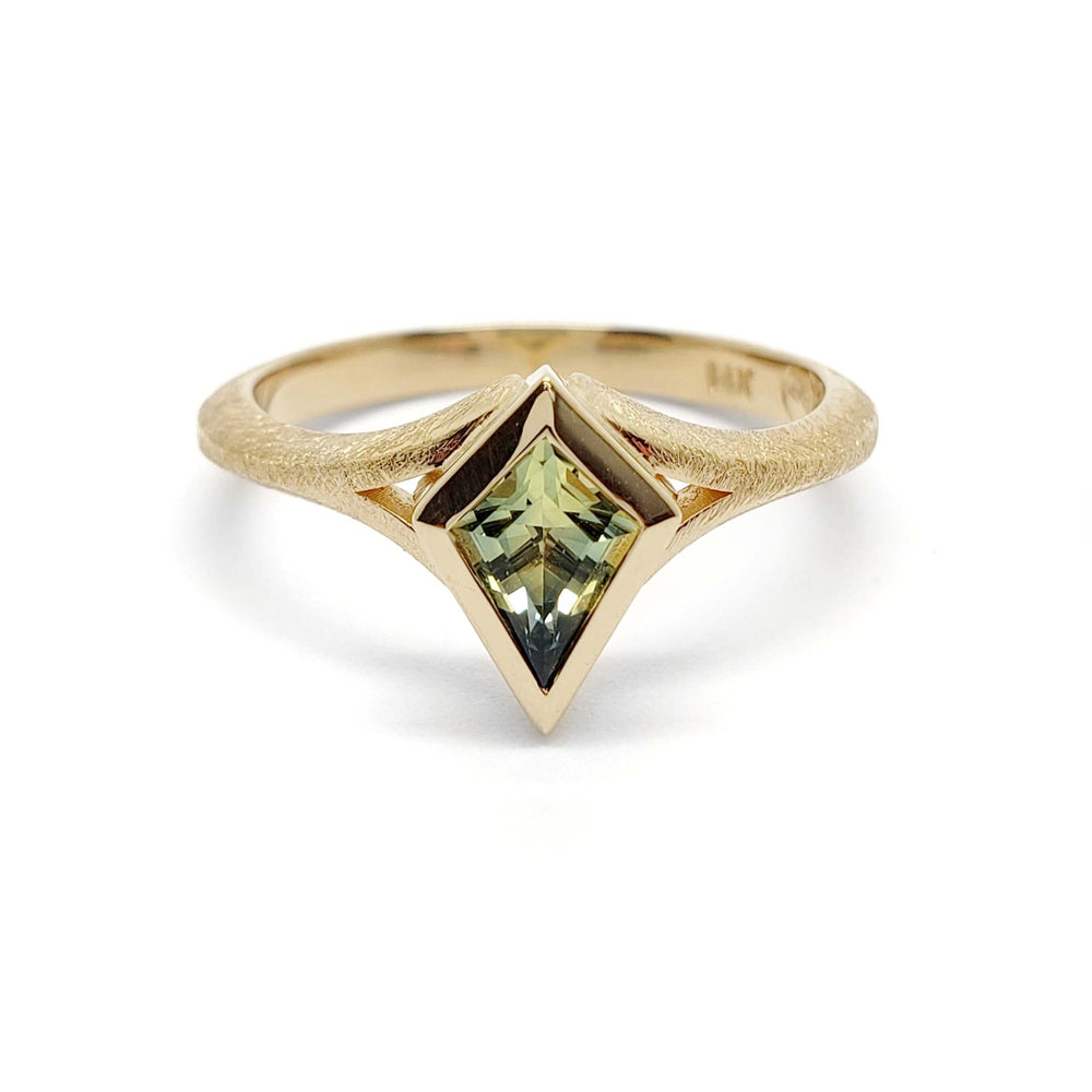 Front view of 14kt yellow gold ring with kite-cut green-yellow Australian sapphire